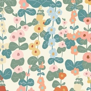 Modern abstract floral, Soft Pastel Whimsical,  Bold Spring Floral, hollyhock Flowers// Medium Scale