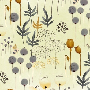 Gray Dream-Garden Bedding Version 3-gray and gold on soft yellow (large scale)