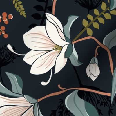 Magnolia Oasis Floral Midnight Large Scale