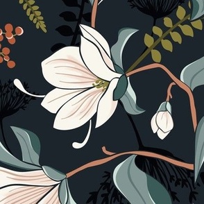 Magnolia Oasis Floral Midnight Large Scale