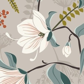 Magnolia Oasis Floral Taupe Large Scale