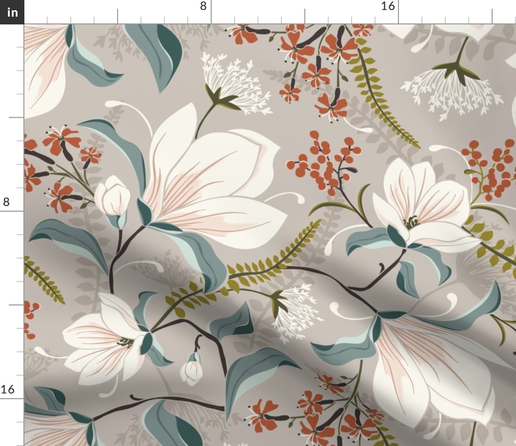 Magnolia Oasis Floral Taupe Large Scale