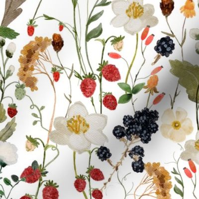 14" a colorful summer red blue and black berries wildflower meadow  -  nostalgic Wildflowers and Herbs home decor on white double layer,   Baby Girl and nursery fabric perfect for kidsroom wallpaper, kids room, kids decor single layer BirthdayPartyTableLi