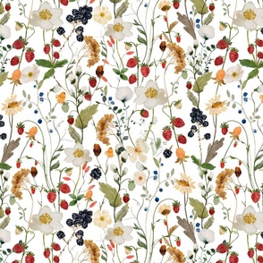 14" a colorful summer red blue and black berries wildflower meadow  - nostalgic Wildflowers and Herbs home decor on white double layer,   Baby Girl and nursery fabric perfect for kidsroom wallpaper, kids room, kids decor single layer
