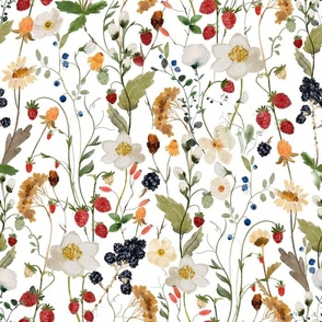 14" a colorful summer red blue and black berries wildflower meadow  -  nostalgic Wildflowers and Herbs home decor on white double layer,   Baby Girl and nursery fabric perfect for kidsroom wallpaper, kids room, kids decor single layer BirthdayPartyTableLi