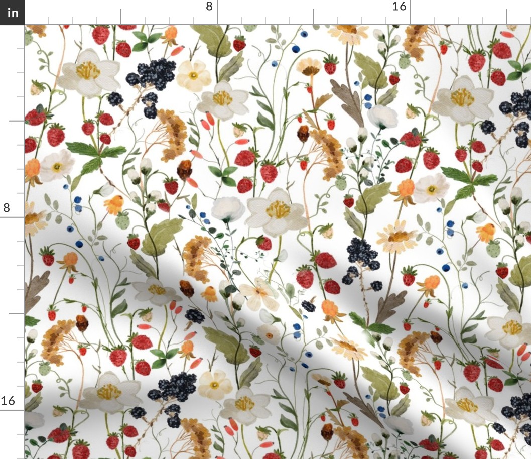 14" a colorful summer red blue and black berries wildflower meadow  -  nostalgic Wildflowers and Herbs home decor on white double layer,   Baby Girl and nursery fabric perfect for kidsroom wallpaper, kids room, kids decor single layer BirthdayPartyTableLi