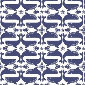 Humpback Whale Song with Starfish, Jellyfish, & Octopus in Navy on White, Medium