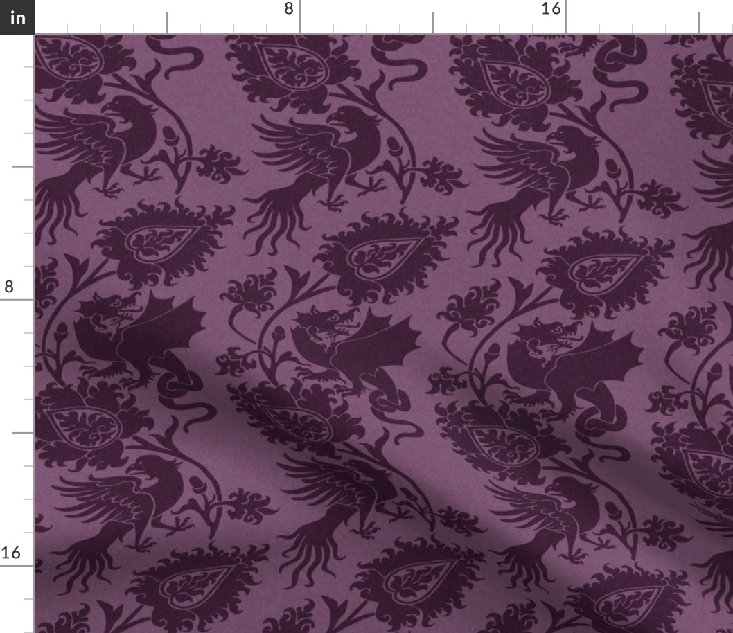 Medieval Damask with Bird and Knot-Tailed Dragon, Aubergine