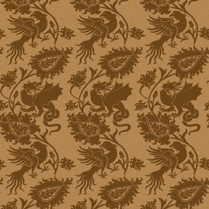 Medieval Damask with Bird and Knot-Tailed Dragon, Burnt Caramel
