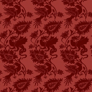 Medieval Damask with Bird and Knot-Tailed Dragon, Dark Red