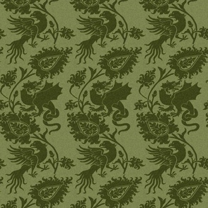 Medieval Damask with Bird and Knot-Tailed Dragon, Olive Green