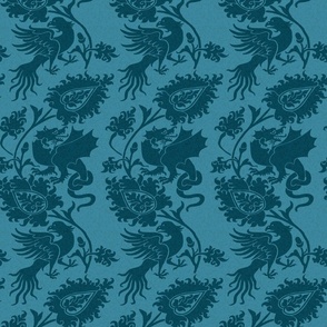 Medieval Damask with Bird and Knot-Tailed Dragon, Peacock Blue