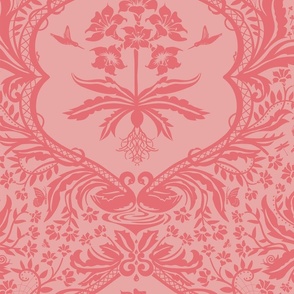 Quirky Victorian Damask Rabbits, Birdhouse, Planter - coral - wallpaper.