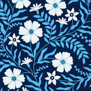 Flower garden night pattern in blue