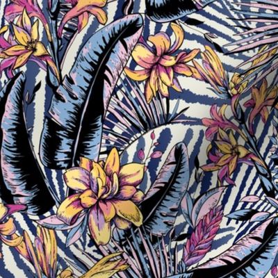 Tropical flowers and leaves on zebra texture