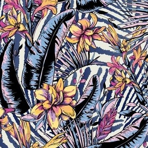 Tropical flowers and leaves on zebra texture