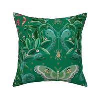 Quirky damask of sneaky snakes, Luna moths and insects - dark print - large  scale.