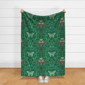 Quirky damask of sneaky snakes, Luna moths and insects - dark print - large  scale.