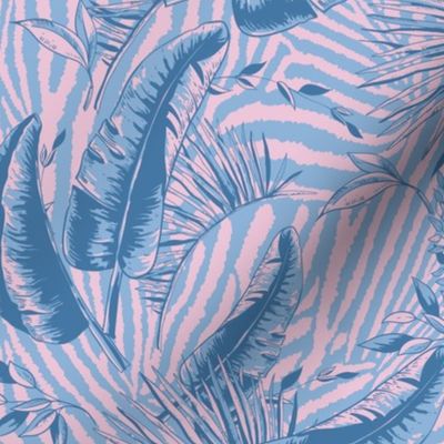 Pink zebra texture with blue leaves