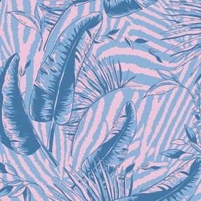 Pink zebra texture with blue leaves