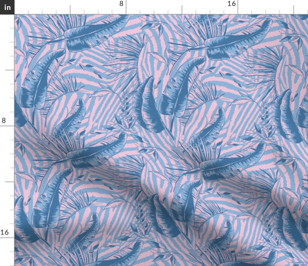 Pink zebra texture with blue leaves