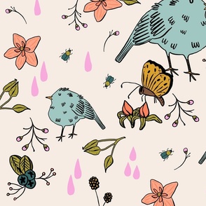 Blue Bird and Floral with Pink Buds, Leaves, Berries, Beetles, and Raindrops on cream // LARGE