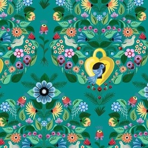 Cheerful pattern of quirky floral damask with cuckoo birds - graphical and colorful - small print