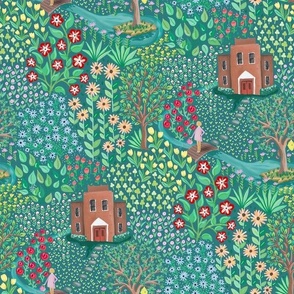 Cute scene of a graphical multicolour flower garden ideal for quilting fabric - teal and green  - mid size .