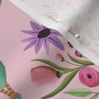 Delightful girly pattern of magical peacocks with cute floral tails on pink background - mid size  print.