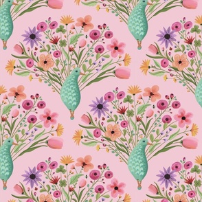 Delightful girly pattern of magical peacocks with cute floral tails on pink background - mid size  print.