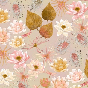 Pink Lotus-Garden Bedding-on taupe and 2 pinks (large scale)
