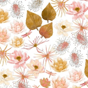 Pink Lotus-Garden Bedding -on white (large scale)