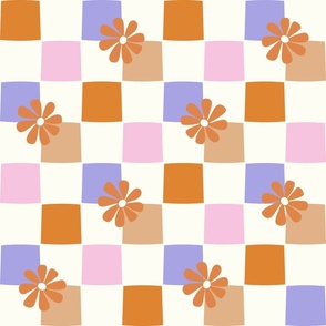 Checkerboard Daisies orange brown purple pink by Jac Slade
