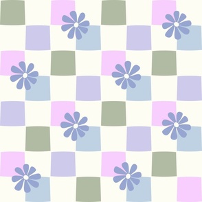 Checkerboard Daisies sage mauve blue pink by Jac Slade