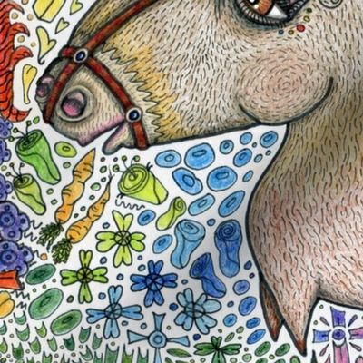 horse with a vase in the garden, jumbo large scale, red orange yellow blue indigo violet brown beige white tan purple spring nature horses western quirky