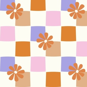 Jumbo Checkerboard Daisies orange brown purple pink by Jac Slade