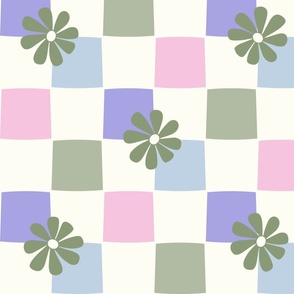 Jumbo Checkerboard Daisies sage green purpe blue pink by Jac Slade