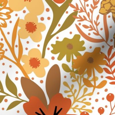 Medium / Floral Garden - Earth Colors Olive Green Dopamine Flowers Marigold Dia de los Muertos Gubiller Botanicals Mustard Nature Foliage Summer Bright Colors Wallpaper Red Yellow