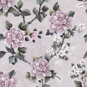 Peony Floral - Pink, Stone, Grey (large scale)