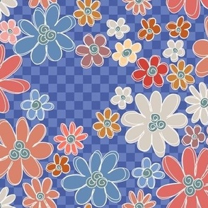 040 - Medium small garden periwinkle checkerboard with blue, grey, red and yellow modern scribble doodle florals for curtains, duvet covers, table cloths, floral throws in modern minimalist retro style