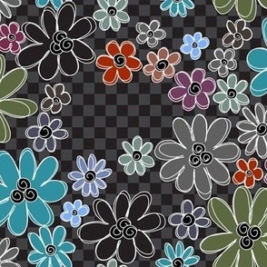 040 - Medium small garden charcoal black checkerboard with turquoise teal, green, grey and purple modern scribble doodle florals for curtains, duvet covers, table cloths, floral throws in modern minimalist retro style