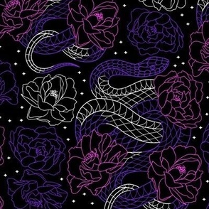 Snake with Peonies on Black