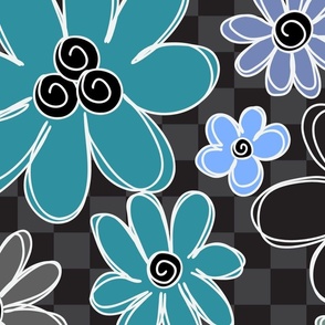 040 - $ Jumbo scale garden charcoal black checkerboard with turquoise teal, green, grey and purple modern scribble doodle florals for curtains, duvet covers, table cloths, floral throws in modern minimalist retro style