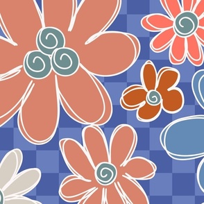 040 - Jumbo scale garden bed periwinkle blue checkerboard  with coral, orange, blush, grey and blue  scribbled doodled hand drawn flowers for curtains, duvet covers, table cloths, floral throws in modern minimalist retro style
