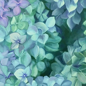hydrangea flowers in blues & greens 