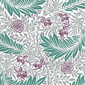 1874 William Morris Larkspur in Mint, Plum, and Silver on White