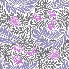 1874 William Morris Larkspur in Taupe, Rose Pink, and Periwinkle on White