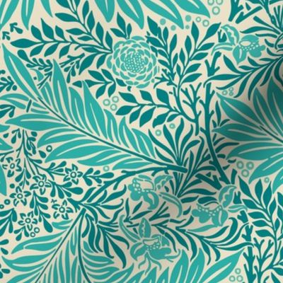 1874 William Morris Larkspur in Turquoise and Teal on Vanilla