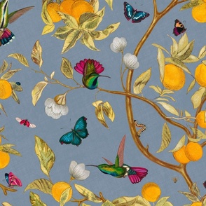 Hummingbirds, lemons and butterflies in slate blue