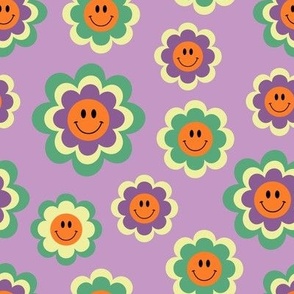 funny smiling flowers on a purple background